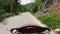 Red Motorcycle Chopper Cruiser POV Driving On Beautiful Mountain Curvy Road In a Sunny Day Nature Landscape Cinematic View