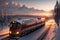 The Red Motorized Locomotive Continuing its Journey amidst High Snowy Peaks and the Glorious Lights of the Sunset. AI generated