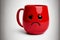 Red mug with angry looking face on white background, ai generated illustration