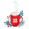 Red mug with christmas hot chocolate or coffee with whipped cream surrounding with branches, floral elements. Christmas