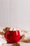 Red mug with cocoa and marshmallows, on a background of a scarf and dry leaves. Autumn mood, a warming drink