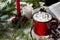 Red mug with cocoa and marshmallows ,  book, spruce branches, candle