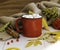 Red mug of cocoa, yellow leaves and cinnamon, on a light background. Autumn concept