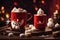 Red mug with hot chocolate with melted marshmallow snowman. ai generative