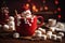 Red mug with hot chocolate with melted marshmallow snowman. ai generative