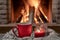 Red mug with hot tea, and a candle , wool scarf, near cozy fireplace, hygge, home sweet home
