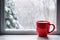 Red Mug on Rainy Window Background, Red Cup, Windowsill Background, Generative AI Illustration