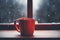 Red Mug on Rainy Window Background, Red Cup, Windowsill Background, Generative AI Illustration