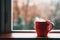 Red Mug on Rainy Window Background, Red Cup, Windowsill Background, Generative AI Illustration