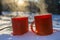 red mugs with a hot drink soar in the cold, mugs in the snow on a Sunny frosty day, picnic in the winter