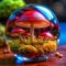 Red mushrooms in a glass sphere.