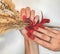 Red nails with a burgundy gradient on the background of a yellow twig with a red bow.