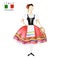 Red national costume dancing an Italian tarantella with a tambourine on white background. Woman dancer in red folk costume Italy