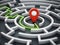 Red navigation marker at the center of round maze. 3D illustration