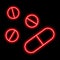 Red neon contour of three tablets and capsule on a black background