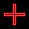 Red neon cross on a black background. One object. Plus sign
