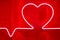 Red neon heart shape and heartbeat line on metal wall