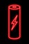 Red neon outline of battery with zipper on a black background. Charge sign. Electricity, power