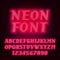 Red neon tube alphabet font. Neon color oblique letters and numbers. Stock vector typeset.
