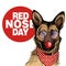 Red nose day poster. Vector hand drawn dog portrait. German shepherd wearing glasses, clown nose and bandana. American