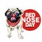 Red nose day poster. Vector hand drawn dog portrait. Pug or bulldog wearing glasses, clown nose and bandana. American