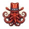 Red octopus wearing an Americana style cowboy hat. Isolated on white background