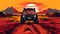 Red offroad SUV driving in desert on a hot sunset background. 4x4 adventure vector illustration.