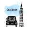 Red old car and Elizabeth Tower in London vector illustration, hand drawn retro automobile on watercolor background