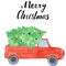 Red old pickup with christmas tree and lettering merry christmas. watercolor raster illustration for cards, prints and posters