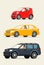 Red Ñompact city car, red sedan car and black suv car.