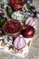 Red onion confiture in jar Vegetable jam Plum marmalade