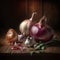 red onion and garlic on the table. Onions and garlic have numerous health benefits. They are both rich in antioxidants and anti-