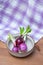 Red onion wood bowl purple plate table towel cloth fabric cage three dish saucer