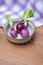 Red onion wood bowl purple plate table towel cloth fabric cage three dish saucer