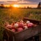 Red onions harvested in a wooden box with field and sunset in the background.