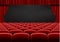 Red open curtain with seats in theater. Velvet fabric cinema curtain vector. Opened curtains and sea