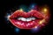 Red open lips isolated on black background colored shiny lights and sparkles, festive glamorous background by disco