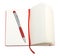 Red open notepad (paper) with pen and bookmark