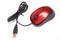 A red optical wired USB computer mouse against a white backdrop