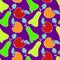 Red and orange apples with leaves, yellow and green pear, white outline on purple background