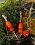 Red and orange buoys with lobster pot and ropes.