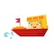 Red And Orange Cargo Ship, Cute Girly Toy Wooden Boat With Face Cartoon Illustration