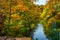 Red orange leaves of autumn trees are reflected in the green cold water. Cascading Plitvice lakes in Croatia on a cloudy warm day