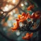 The red orange Palash flower buds and leaves are hanging in the tree