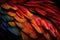Red, orange, yellow wing feathers of macaw parrot, colorful tropical background. Generative AI