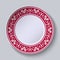 Red ornament with with flowers at the edge of the ceramic plate. Stylized Chinese porcelain painting.