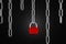 Red padlock hanging on chain in row of chains