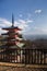 Red pagoda with Fuji volcano mountain