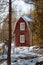 Red painted Swedish wooden house in a wintry landscape