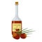 Red palm oil in glass bottle with kernel and leaf.